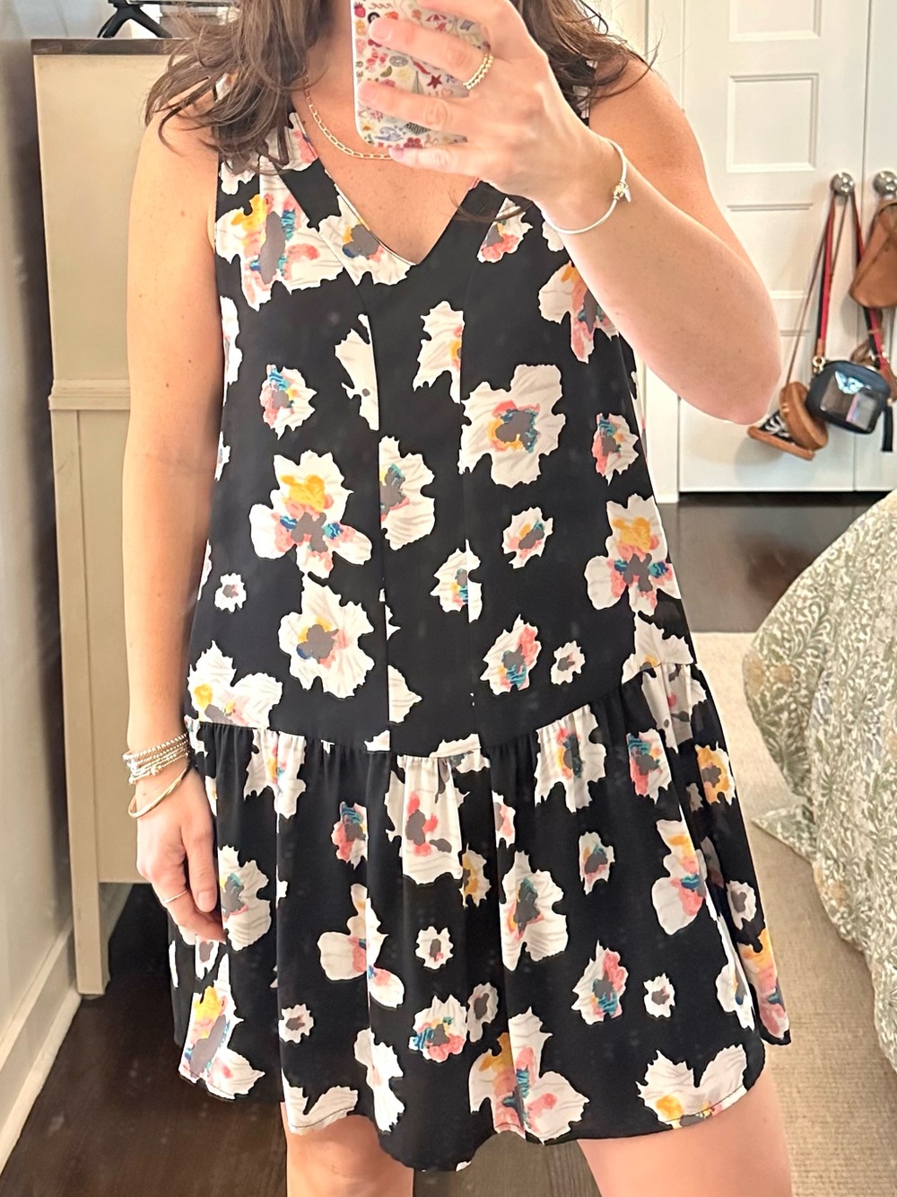 Asher by Fabrik Colorful Floral Sleeveless Shift Dress Black Mini | Size Small